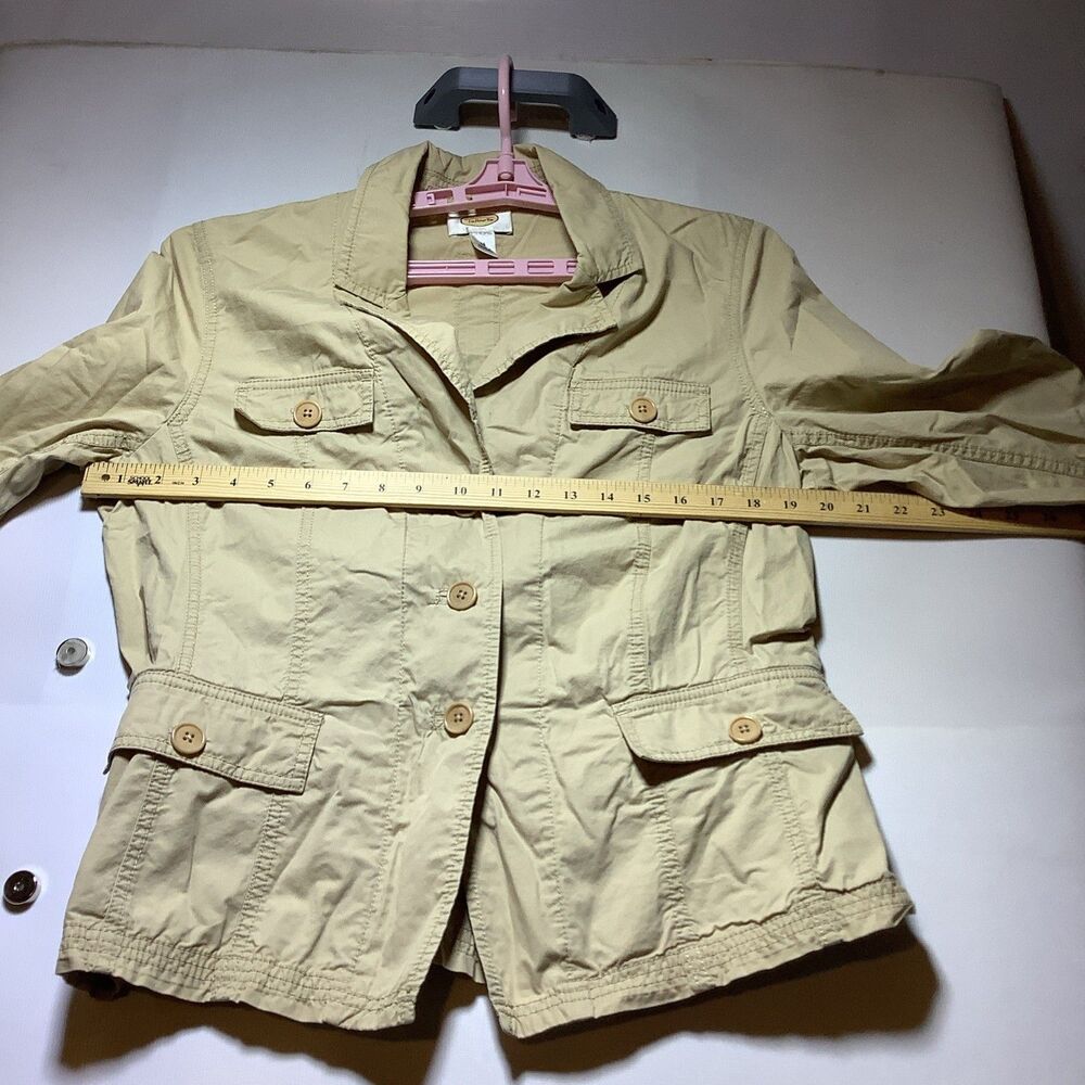 Talbots Tan Utility Jacket Cotton Long Sleeve Size 14 Classic Distressed Design